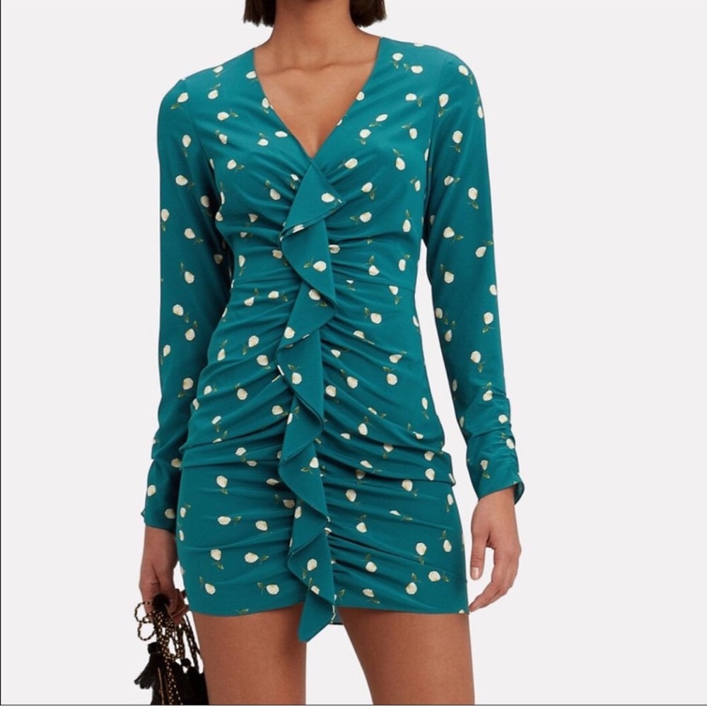 Intermix Teal Floral Long Sleeve Silk Mini Dress
